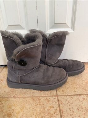 UGG Gray Suede Shearling Button Short Boots